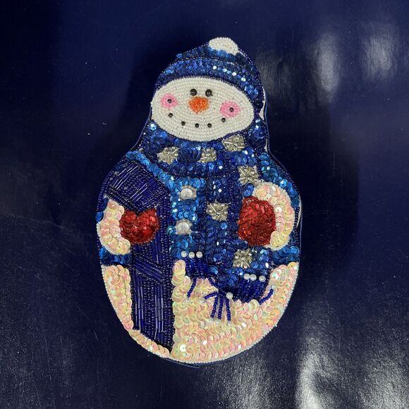 Vintage Satin‎ Beaded CHRISTMAS SNOWMAN Blue GIFT Trinket Candy Jewelry Box -D10 - Picture 1 of 7